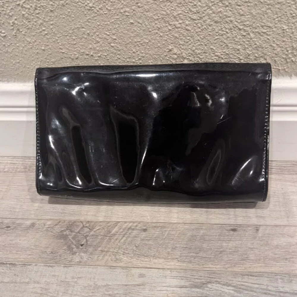 Estée Lauder Black Patent Glossy Evening Clutch | Gold Bar Trim